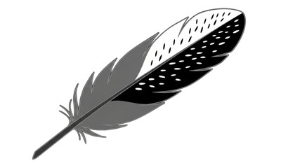 A grayscale illustration of a feather with black and white sections on a black background