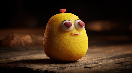 Cute yellow character with heart-shaped eyes and small heart on head, adorable toy or emoji, on dark wooden surface with warm lighting