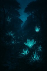 Fototapeta premium Discover magical glowing plants in a dark enchanted forest for fantasy book covers and mystical themed designs