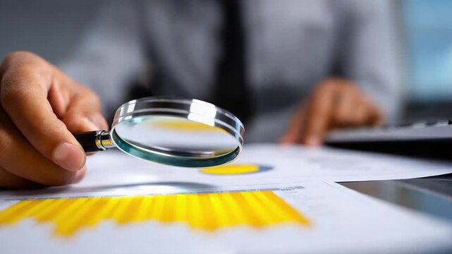 A person's hand uses a magnifying glass to inspect a document with yellow bar charts.