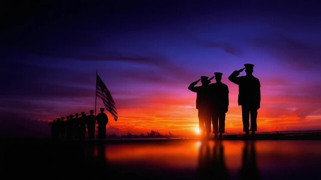 Sunset silhouettes of soldiers saluting by a flag, reflected in the water.
