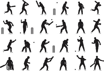 Cricket player silhouettes, batting bowling fielding, dynamic sports action, black vector athlete poses, outdoor game scene, competitive motion artwork, team sport illustration, icons set