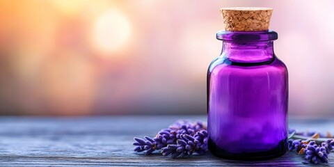 A purple glass bottle filled with lavender essential oil sits beside fresh lavender flowers in warm morning light