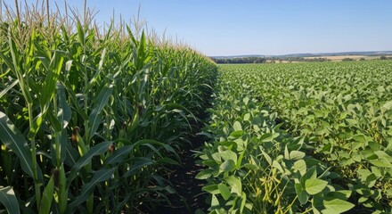 Fototapeta premium Medium shot of maize and soybean fields side by side showcasing diverse crop rotation enhancing soil fertility and sustainable farming practices under clear skies.