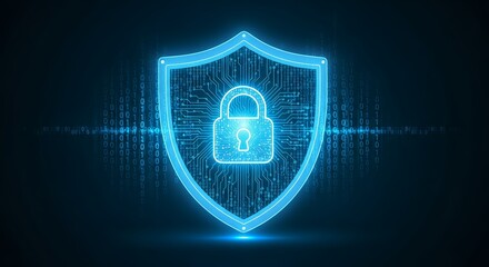 Cybersecurity shield protects sensitive data with digital lock and binary code