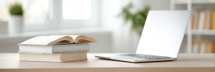 Laptop is on a desk with a stack of books