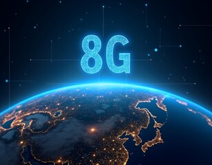 Glowing digital eight g symbol above illuminated earth globe technology