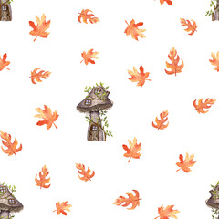 Seamless Watercolor Mushroom House with Vine Accents and Autumn Leaves Pattern, a whimsical seasonal design featuring a charming fungal dwelling adorned with green foliage amidst fall leaves