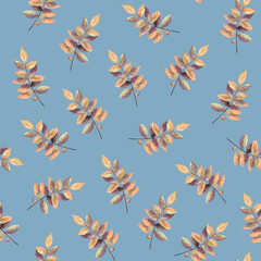 Seamless Watercolor Green Foliage Pattern, a decorative texture and botanical motif featuring fresh verdant branches and leaves on a gentle blue background, ideal for fabric, wrapping paper