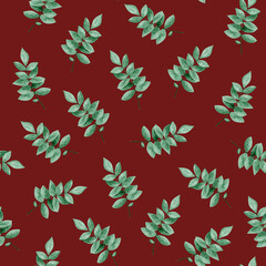 Seamless Watercolor Red Twigs Pattern, a decorative texture and botanical motif featuring autumnal crimson branches and foliage, ideal for fabric, wrapping paper, or digital backdrops.