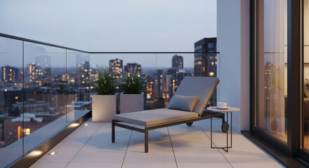A modern minimalist balcony in a high-rise apartment. A single sleek lounger, a small side table with a coffee cup, and low-maintenance ornamental grasses in concrete planters against a glass railing