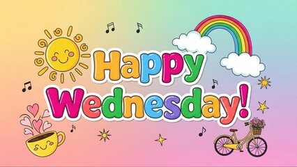A joyful "Happy Wednesday!" illustration with a cheerful sun, a vibrant rainbow, musical notes, and whimsical elements, all set against a soft, colorful background.