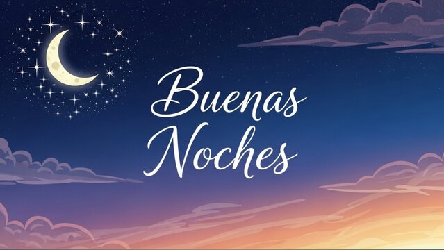 A vibrant "Buenas Noches" (Good Night) illustration with a crescent moon encircled by a starry ring, set against a rich, colorful evening sky with soft clouds and a distant sunset glow.