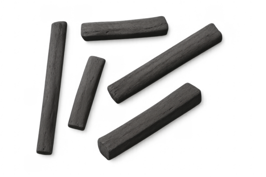 Charcoal sticks isolated on transparent background, ready for drawing