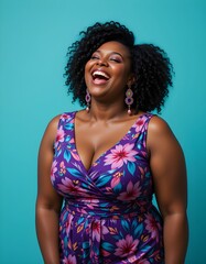 Confident fat woman smiling with closed eyes in purple floral dress