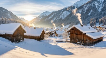 Fototapeta premium Cozy Alpine Village Bathed in Golden Morning Sunrays