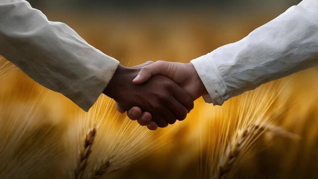 Two people shake hands in a golden wheat field, symbolizing agreement and partnership.