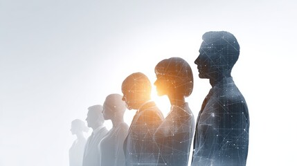 Business professionals silhouetted against digital network backdrop. Visualizing collaborative technology. Interconnected workforce merging human potential with artificial intelligence infrastructure