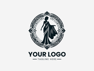 Obraz premium Elegant woman in saree with ornamental decorative circular frame vector logo design