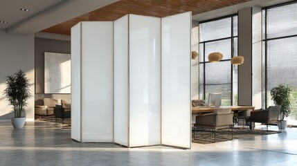 Motorized plexiglass room divider captured midmotion in medium shot sharp transparent panels reflecting light against blurred minimalist meeting area.