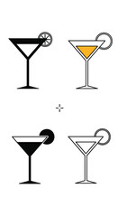 Four stylized martini glasses with citrus garnishes and different shading styles