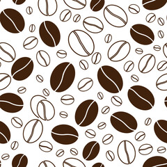 Obraz premium Seamless pattern of roasted coffee beans and outline sketches for beverage cafe design