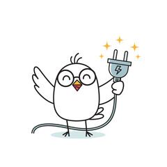 Enthusiastic cartoon bird wearing glasses holds a sparkling electrical plug ready to connect power