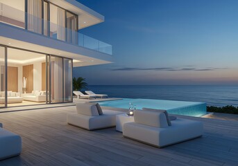 Obraz premium Modern luxury villa overlooking ocean at dusk offers elegant comfort