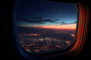 Aerial view of cityscape at night through airplane window during travel