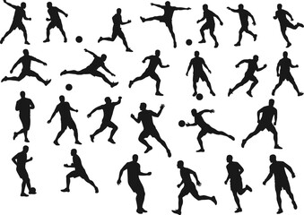 Soccer player silhouettes, football action poses, black vector illustration, dynamic sports scene, kicking dribbling passing, outdoor team game, athlete motion artwork, competition design