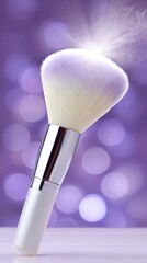 Makeup brush with soft bristles and shimmering effect, set against a blurred purple background, highlighting beauty tools and cosmetic artistry in a vibrant atmosphere