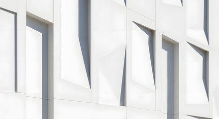 Obraz premium Abstract white geometric facade with angular panels and shadows, a modern texture background building detail