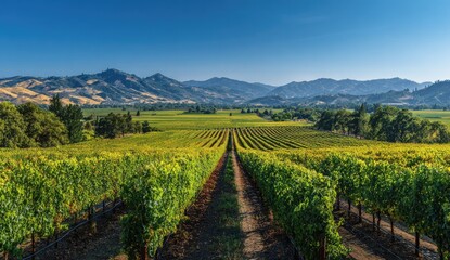 Fototapeta premium Expansive vineyard landscape under a vibrant blue sky. Rows of grape vines stretch towards a mountain range