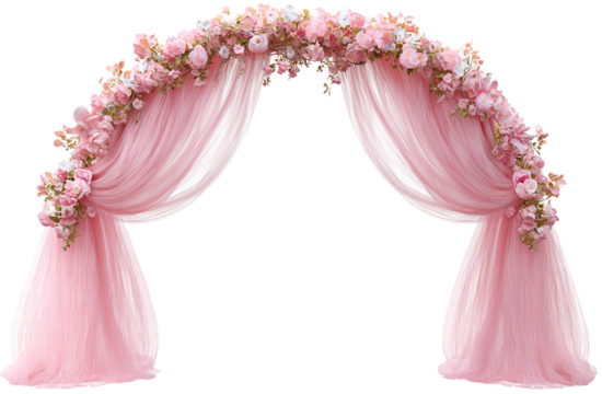 Romantic wedding arch with pink flowers and sheer fabric isolated on transparent background - Powered by Adobe