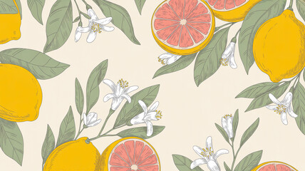 A stylized botanical illustration pattern featuring citrus fruits and flowers on a cream-colored backgroun