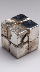A cluster of cubic pyrite mineral fragments, exhibiting a metallic sheen and rough textures, arranged in a geometric pattern against a plain backdrop