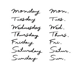 シンプルな手書きの筆記体の曜日