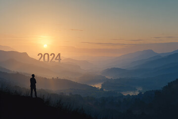 Silhouette of person on mountaintop overlooking 2024 sunrise over misty valley