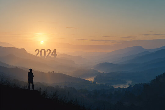 Silhouette of person on mountaintop overlooking 2024 sunrise over misty valley