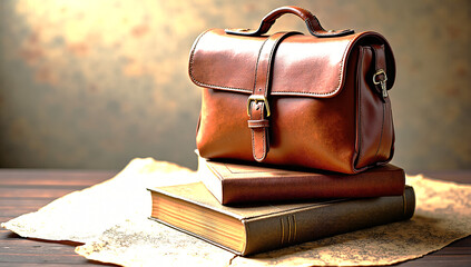 Luxury Vintage Leather Satchel with Antique Books & Map, Professional  for Travel & Adventure Themes