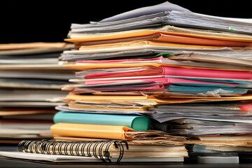 Large stack of documents and folders paperwork overload office supplies notebook