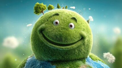 Creative artwork of a happy smiling earth mascot with lush green trees representing nature and environment conservation concept