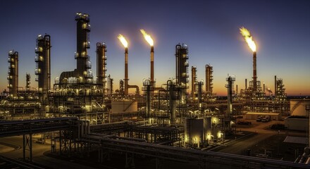 Fototapeta premium Industrial oil refinery complex at dusk, illuminated by artificial lights with multiple flare stacks burning, showcasing a vast petrochemical infrastructure against a fading sky.