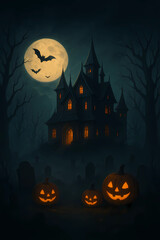 A spooky Halloween night, a haunted gothic house on a hill under a giant glowing full moon, A cute Halloween illustration, A luxurious fantasy Halloween scene, A minimalist Halloween design
