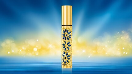 Elegant perfume bottle adorned with intricate blue and gold floral design, set against a shimmering bokeh background, showcasing luxury and sophistication in fragrance presentation