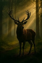 Obraz premium Majestic stag standing proudly in a sunlit forest, creating a serene and enchanting nature scene