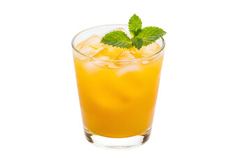 Fototapeta premium A vibrant orange juice drink, garnished with fresh mint leaves, is presented in a clear glass with ice cubes.