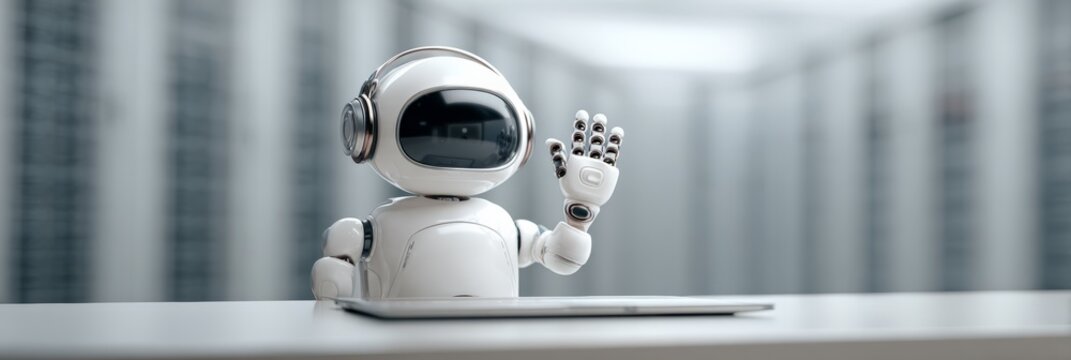 White friendly ai robot with headphones is waving while sitting at a desk with a laptop in a server room, showcasing the future of customer service and technological advancement