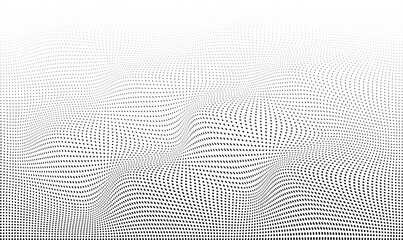 Halftone dot wave texture pattern background, monochrome abstract dynamic 3d warp effect, black and white vector illustration