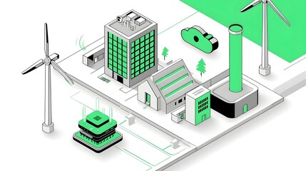 Aerial view of a sustainable energy production and distribution system, featuring wind turbines, solar panels, and modern buildings in a green, eco-friendly urban landscape.